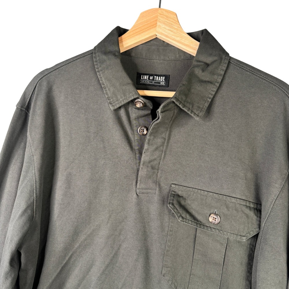 Line of Trade Mens Long Sleeve Polo Shirt Olive Green Cotton Utility Pocket Med